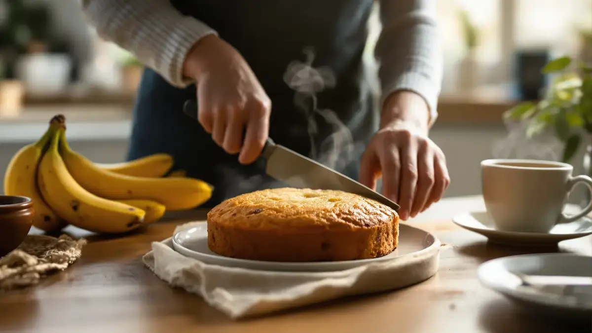 Deze goudbruine smeuïge cake verandert te rijpe bananen in een verrassend lekker tussendoortje dat je niet had verwacht