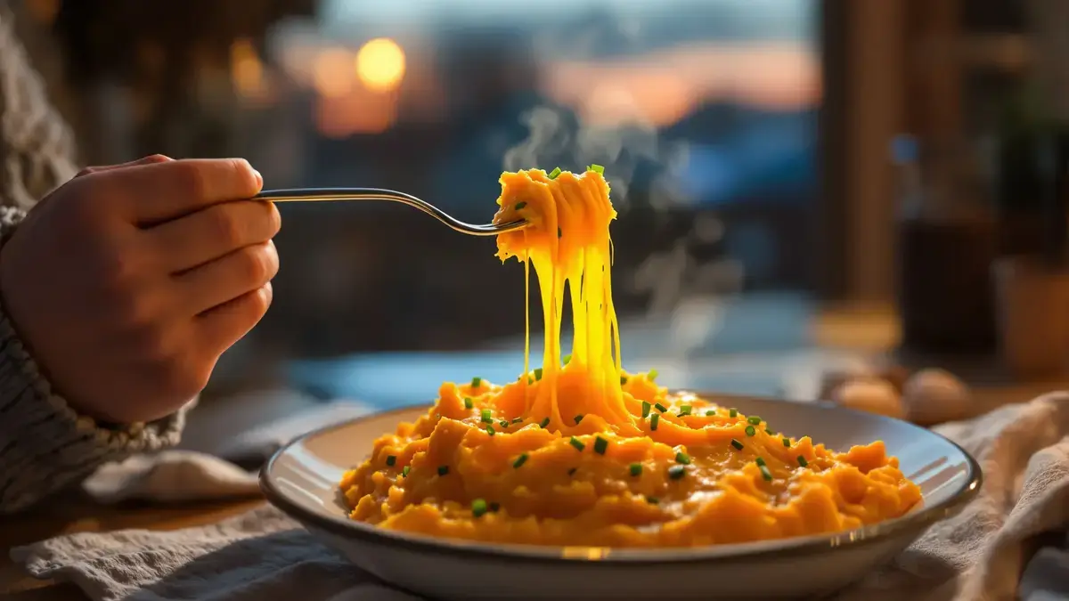 Zacht smeltende zoete aardappel, uitrekkende cheddar en knoflook: een smaakvolle combinatie voor een snel, romig en aangenaam diner